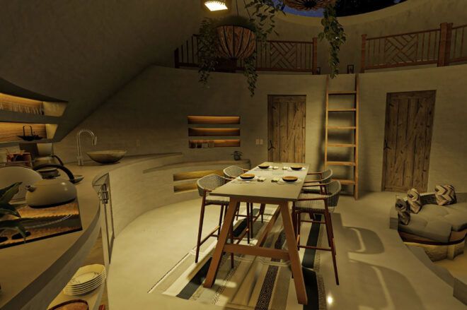 A rendering of the inside of a glamping dome decorated in a boho style.