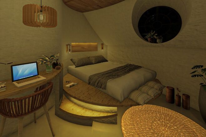 A rendering of a bedroom decorated in a boho style.