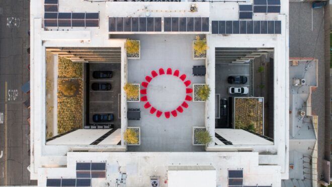 Roof of the building with a red circle in the center