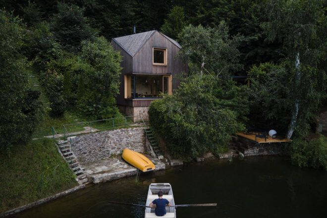 A home by a lake.