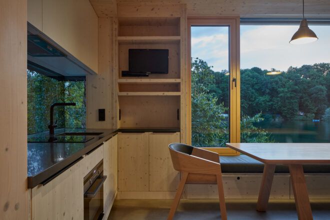 A wood kitchen area.