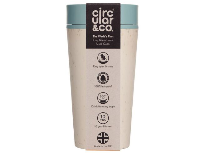 A reusable mug that has a blue cap