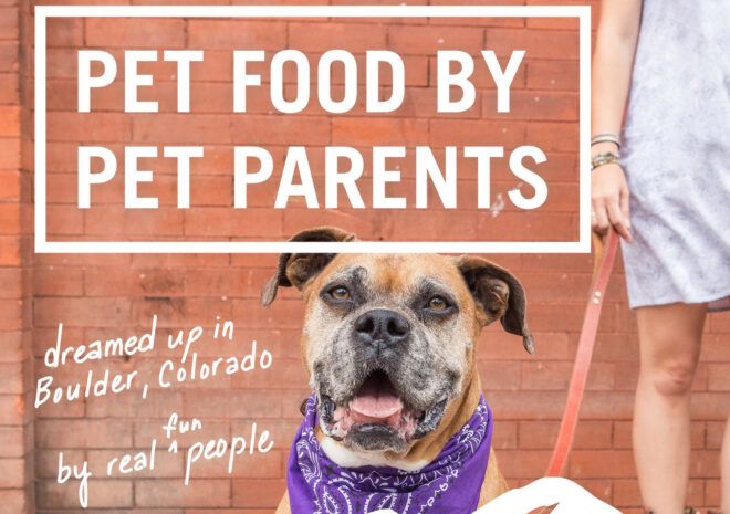 A graphic with a picture of a dog with writing that reads "pet food by pet parents."