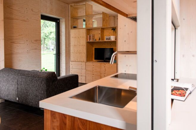 View looking past kitchen towards living spaces with wood clad interior and in-built wooden shelves