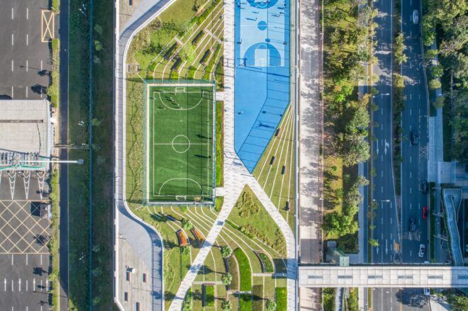 An aerial view of a green space strip