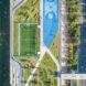 An aerial view of a green space strip