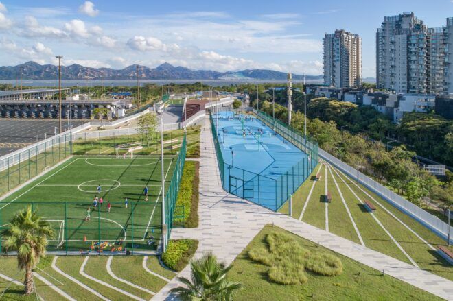 A close up of a soccer field and basketball court