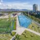 A close up of a soccer field and basketball court