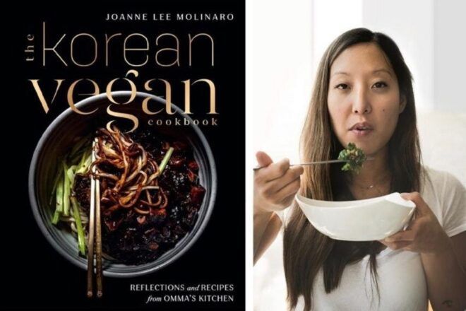 A black cover book that reads "Korean Vegan" with a Korean woman's headshot next to it