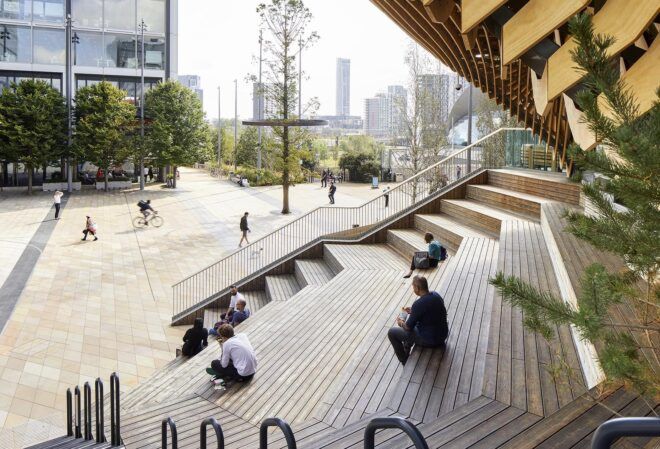 Outdoor staircase seating.