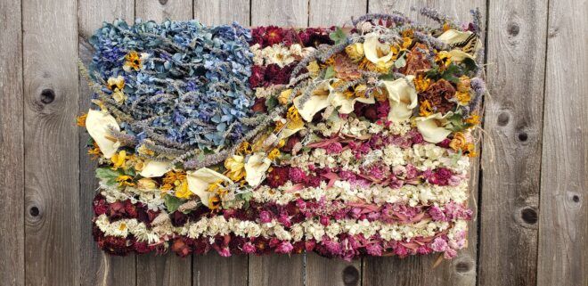 The American flag built out of dried flowers
