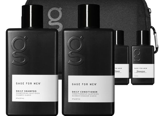 A skincare set of black bottles.