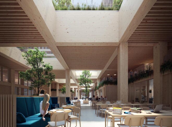 An indoor cafeteria space with a skylight bringing in natural light.