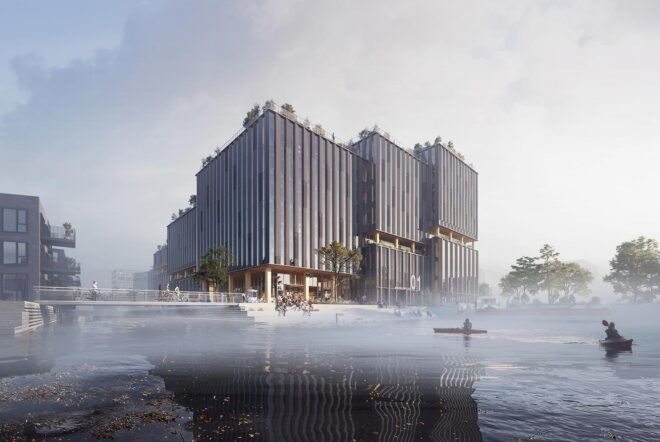 A large gray building in the mist.