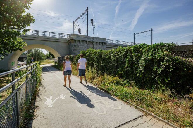 Two people running through a park area.