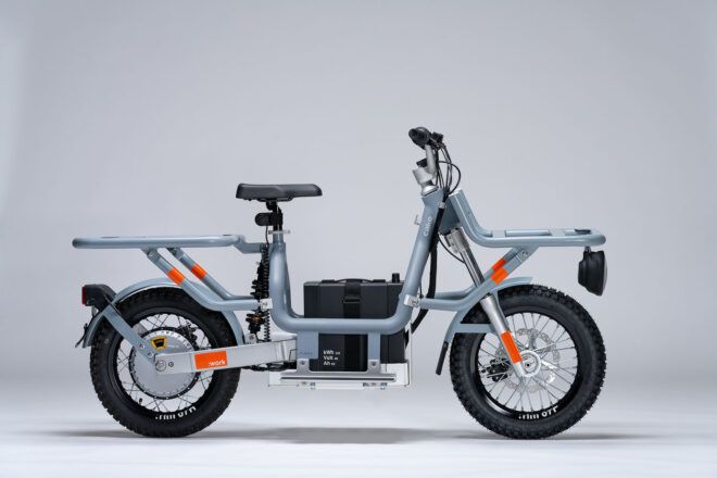 An e-bike against a gray background.