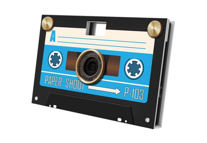 A black, blue and white camera designed to look like a cassette tape.