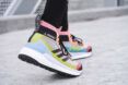 A close-up of a pair of multicolored shoes.
