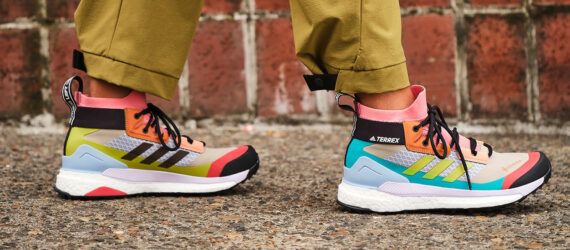 A close-up of a pair of multicolored shoes.