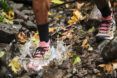 A foot wearing multicolor sneakers splashing in a puddle in the woods.