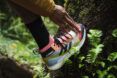 A foot wearing multicolor sneakers propped up on a tree.