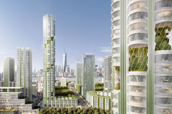 A city with buildings constructed in a sustainable architecture style.