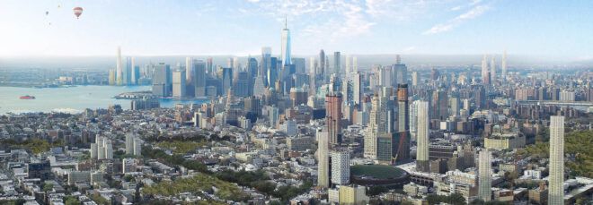 Aerial stock photo of skyscrapers in the downtown area of Brooklyn, with the Lower Manhattan skyline in the background in autumn; Brooklyn and Lower Manhattan, New York City.