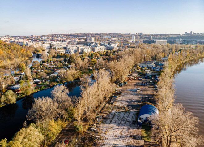 An aerial view of a city.