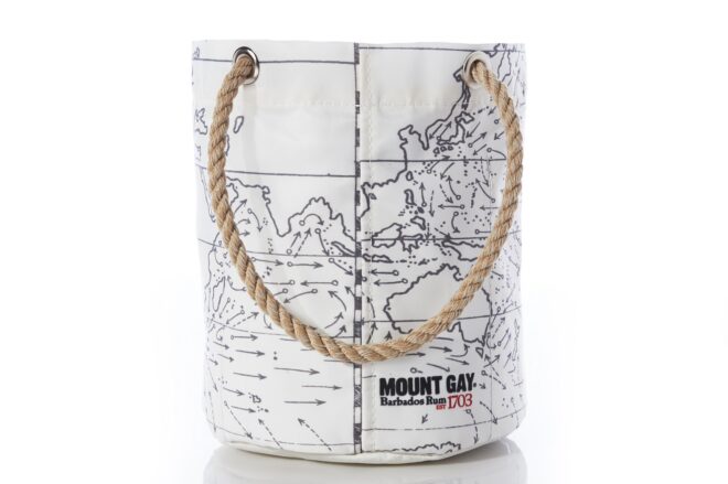 A beverage bucket that has a rope-like handle and printed map pattern