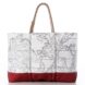 A tote bag that has a map of the globe patterned on it