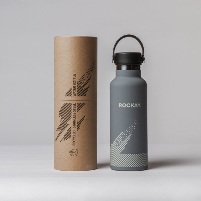 A grey reusable water bottle