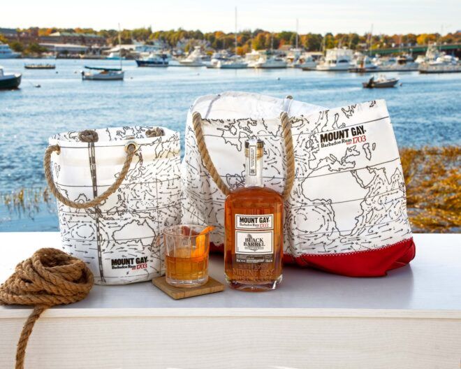 A beverage bucket, tote bag, bottle of alcohol and a cup of alcoholic beverage with a pile of rope on the left side