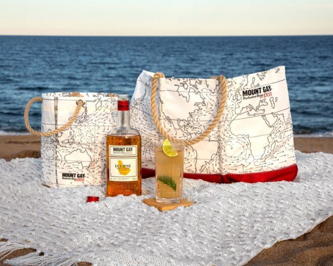 A beverage bucket, tote bag, bottle of alcohol and a cup of alcoholic beverage