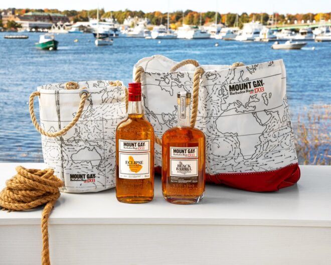 A tote bag and beverage bucket with a alcohol beverage sitting in between them and some rope on the side