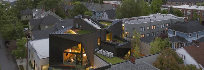 Three buildings in an urban neighborhood