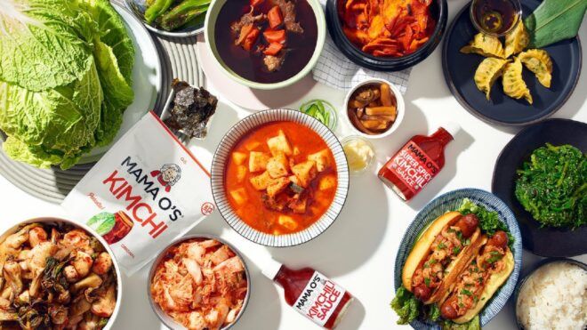 Korean food spread out on a table