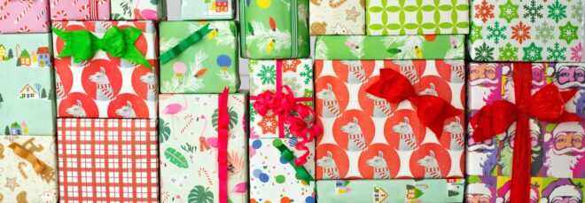Different boxes of presents wrapped up and stacked on top of each other like Tetris