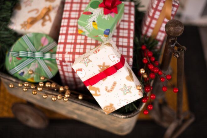 Different wrapped gifts sitting in a box