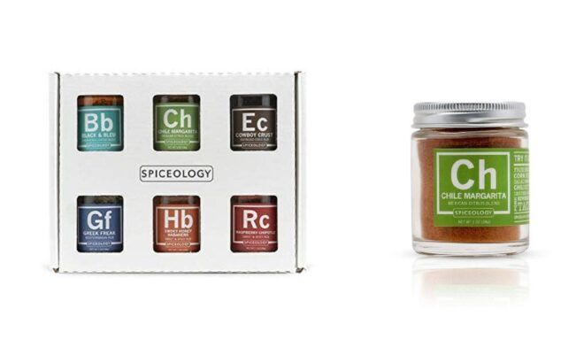 Two photos, on the left is a six pack of spices in a white packaging, on the right is a single zoom up of a spice jar