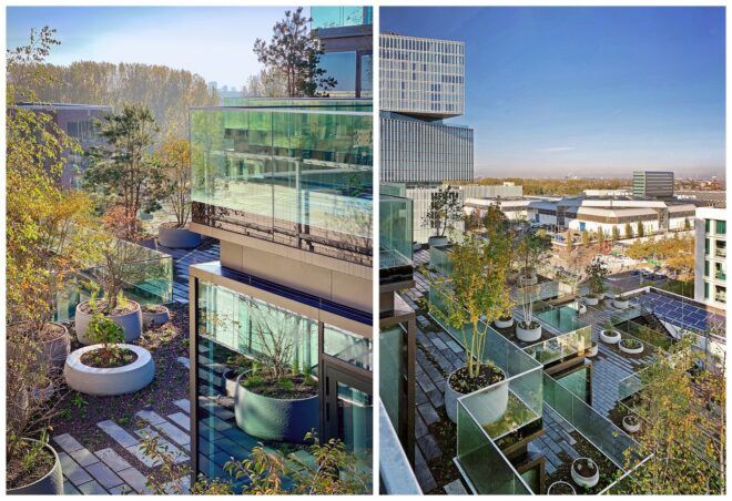 A side of the terrace and a close up shot of the potted plants and view from the balcony