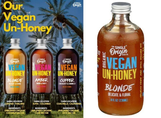 Two photos, on the left is a poster of Vegan Un-Honey with three bottles and on the right is one close-up of the bottle