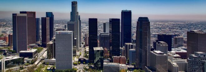 A landscape of the Los Angeles city skyline.