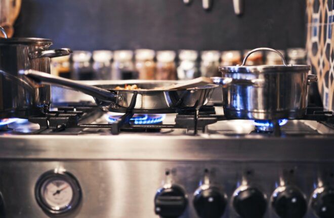 Pots and pans on a metal stove