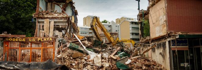 A building area wrecked by a tornado