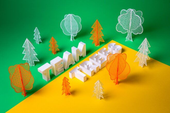 A yellow paper inside a green paper with trees and pine trees standing on it with the words "Team Trees" laid out in the middle in block letters