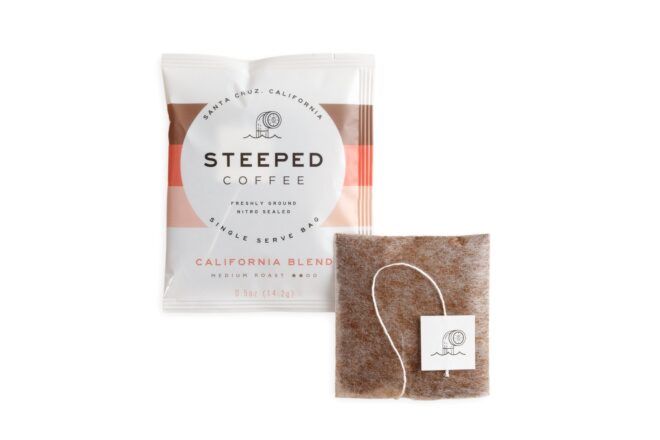 A coffee pack with the words Steeped on it