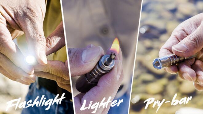 Three cuts of photos showing the tool being used as a flashlight, a lighter and a pry-bar
