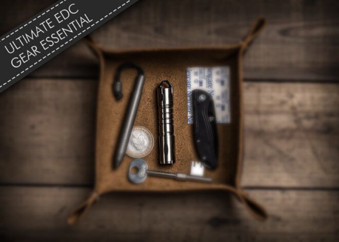 The small three-in-one tool sitting in a box full of other everyday items such as a coin