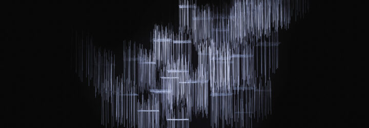 Dark empty stage lit up with suspended light rods installation