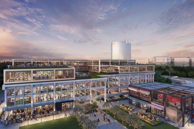 A rendering of a mixed-use city space.